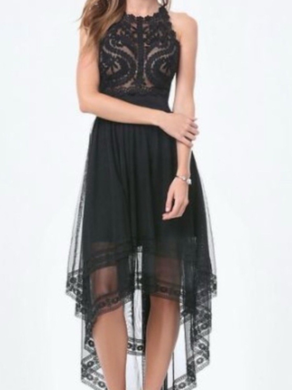 Bebe Crystal Bloom Hi-Lo Embroidered Tulle Dress Black Size 4 NWT